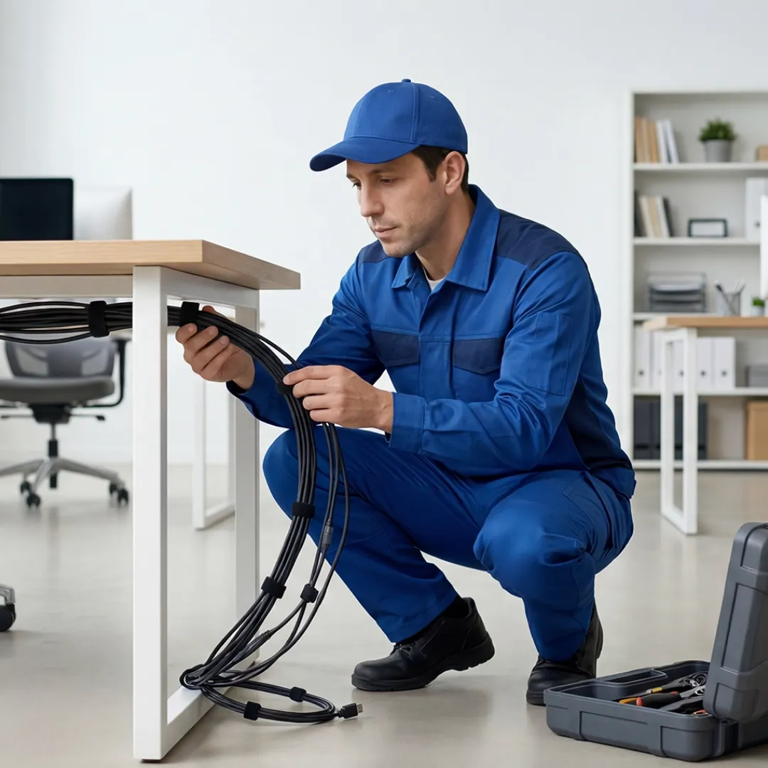 KI-generiert: Handwerker, der Kabel befestigt