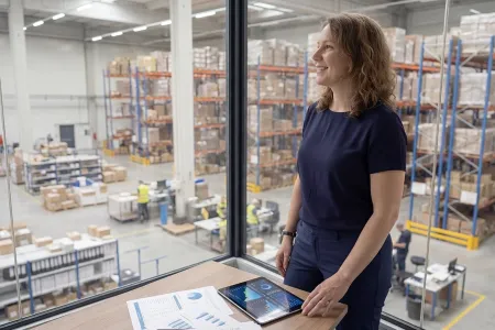 KI-generiert: Mitarbeiterin mit Tablet vor Lagerhalle und moderner Logistikfläche