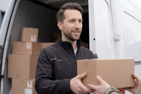 KI-generiert: Ein Transportmitarbeiter übergibt Pakete