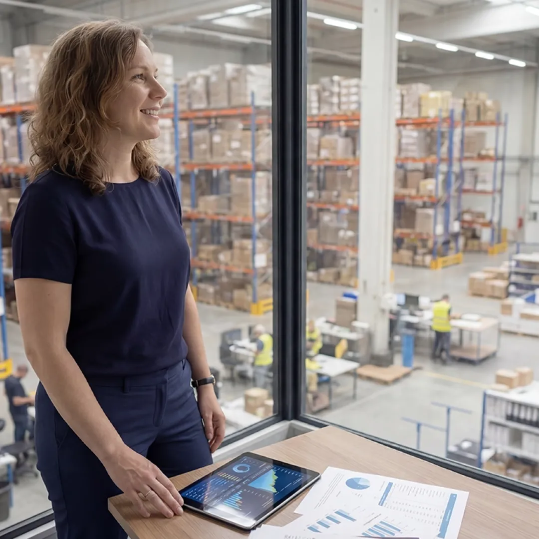KI-generiert: Mitarbeiterin mit Tablet vor Lagerhalle und moderner Logistikfläche