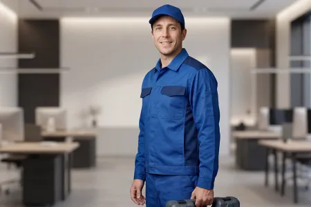 KI-generiert: Handwerker lächelt