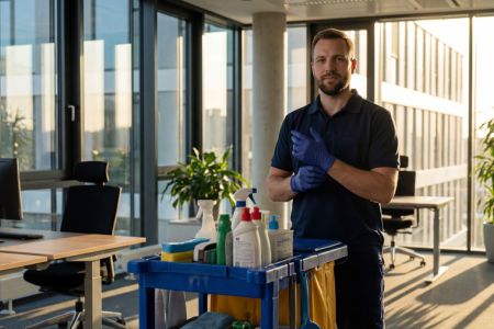 KI-generiert: Ein Reinigungskraft, der seinen Handschuh zurechtzieht und in die Kamera lächelt